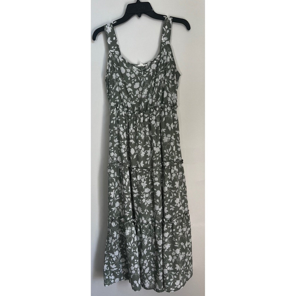 MINE Women's‎ Sleeveless Floral Print Tiered Midi Dress - Green White Medium